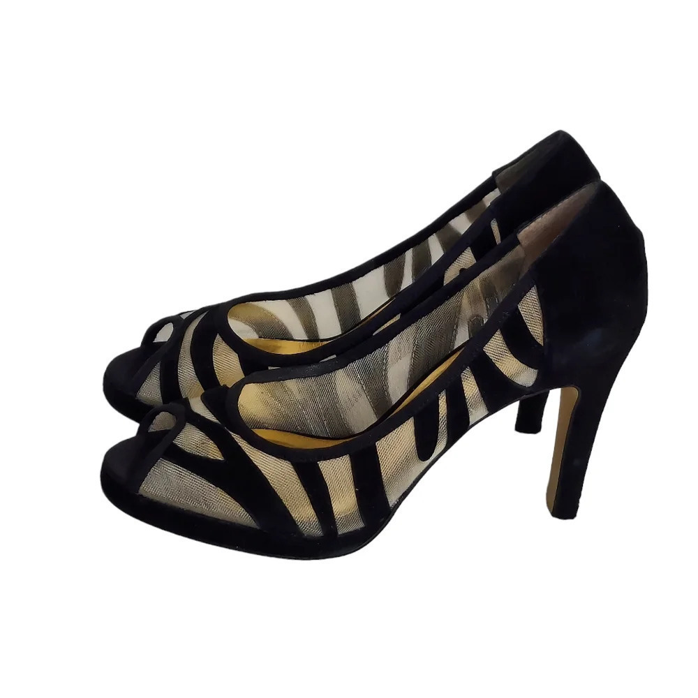 Beverly Feldman Honey2 Black Suede and Mesh Peep Toe Heel - Picture 3 of 16